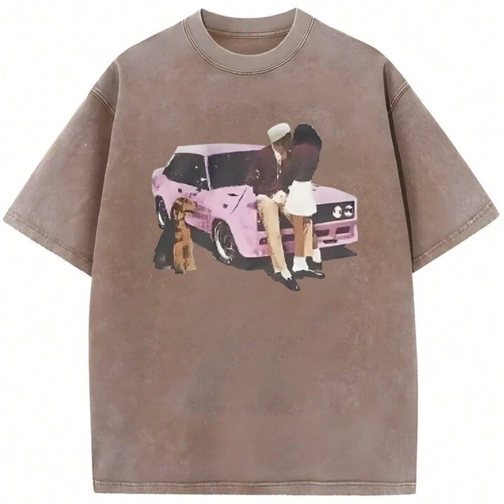 Brown Graphic T-Shirt with Pink Car Design Shein size XL